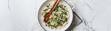 Sticky Rice Salad with Chicken, Spring Peas, and Charred Asparagus