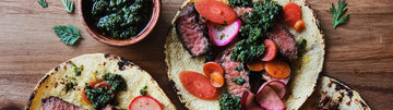 Bulgogi Steak Tacos with Carrot Top Chimichurri and Spicy Pickled Root Veggies