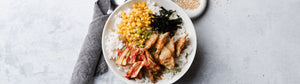 Mini Wonton Rice Bowls with Soy-Butter Corn, Kimchi, and Seaweed