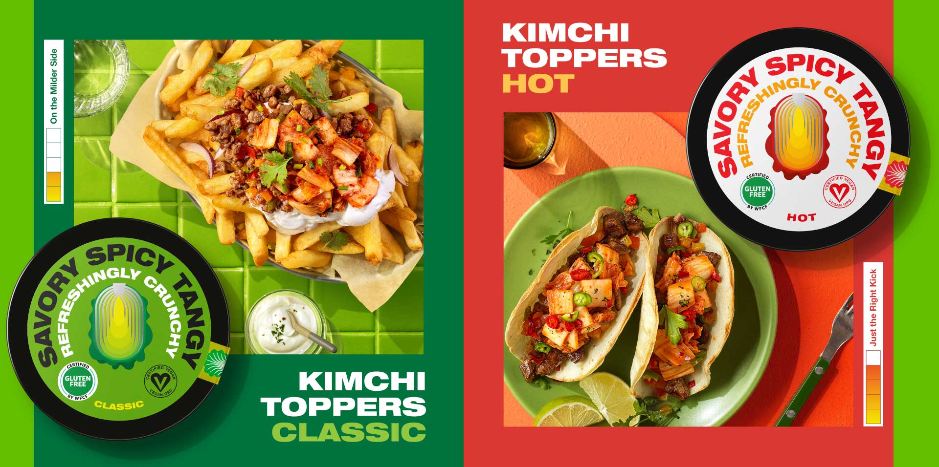Comes in two flavors, Kimchi Toppers Classic Flavor and Hot Flavor.